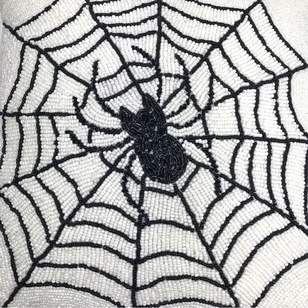 Noir Night Black Spiderweb White Beaded 16” Halloween Decor Accent Throw Pillow